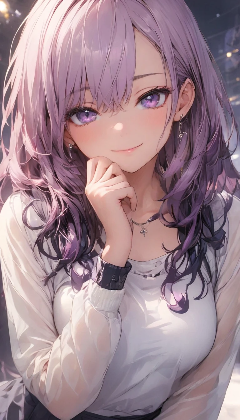 最high quality, high quality, pretty girl, Alone, Beautiful Purple Hair, Beautiful purple eyes, A light smile