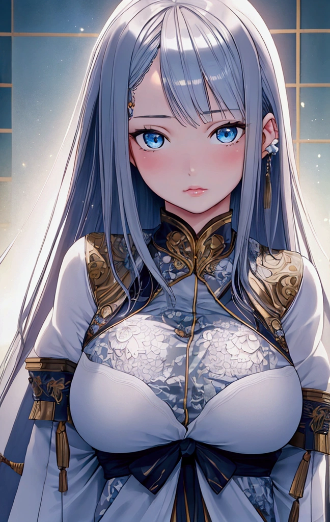 Full body image, Japanese Anime, high quality, 最high quality, Realistic, RAW Photos, Realistic, Ultra-realistic 8K CG, Ultra Detailed, High resolution, masterpiece, 1 girl, 1, Beautiful face of a woman, Soft Face, elegant, Long Hair, blue eyes, Light blue eyes, close, Intricate details, Detailed Texture, Delicate details, front , Natural female body, sexy, Very beautiful young woman&#39;s face, Big Breasts, NSFW