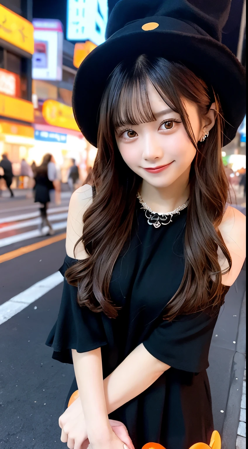 high quality, 最high quality, masterpiece, Very cute、beautifully、detailed, Professional photography, Proper Lighting,
Very beautiful girl, Beautiful Face, Face Tattoos,
Halloween Costumes, Black short dress, Black witch hat, Orange accessories,
smile, Laughter, Blushed, (thin, Pale skin,:0.8)
Very straight medium length hair（Single Blade）,
(Bokeh, Dynamic Angle, city, Running on the road, Midnight, Shibuya Ward,:0.8)