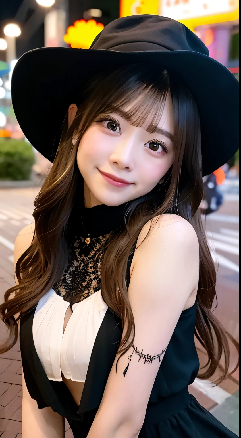 high quality, 最high quality, masterpiece, Very cute、beautifully、detailed, Professional photography, Proper Lighting,
Very beautiful girl, Beautiful Face, Face Tattoos,
Halloween Costumes, Black short dress, Black witch hat, Orange accessories,
smile, Laughter, Blushed, (thin, Pale skin,:0.8)
Very straight medium length hair（Single Blade）,
(Bokeh, Dynamic Angle, city, Running on the road, Midnight, Shibuya Ward,:0.8)