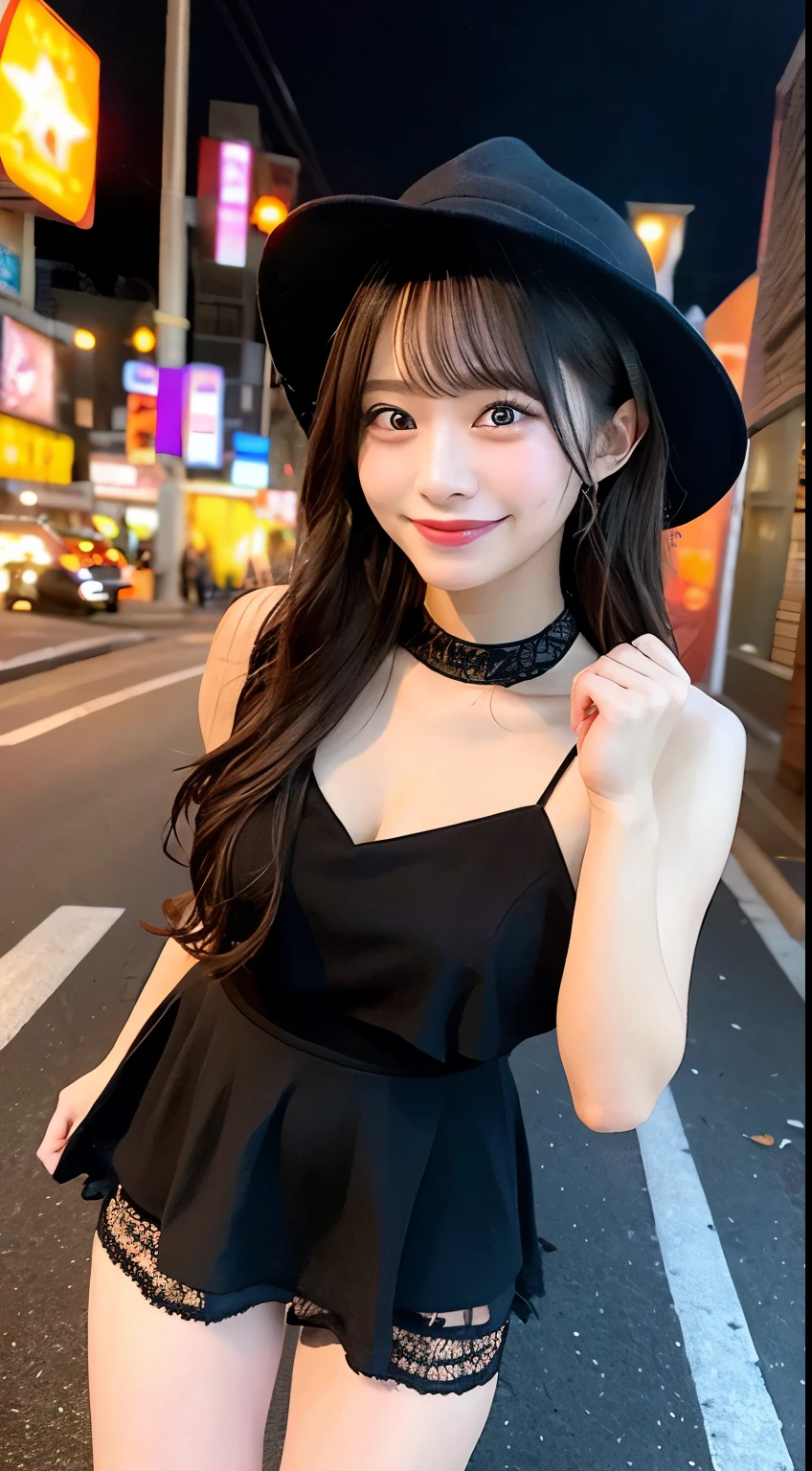 high quality, 最high quality, masterpiece, Very cute、beautifully、detailed, Professional photography, Proper Lighting,
Very beautiful girl, Beautiful Face, Face Tattoos,
Halloween Costumes, Black short dress, Black witch hat, Orange accessories,
smile, Laughter, Blushed, (thin, Pale skin,:0.8)
Very straight medium length hair（Single Blade）,
(Bokeh, Dynamic Angle, city, Running on the road, Midnight, Shibuya Ward,:0.8)