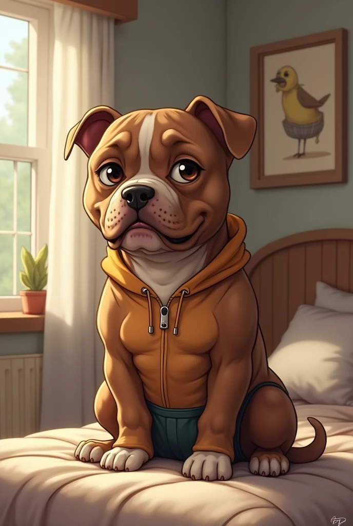 Anthropomorphic cartoon dog in the style of the 1940s, wearing black shorts, pink tank top, smelling her legs, sitting with legs open, squatting posture, blue background pink clouds, facing the viewer, body facing forward
