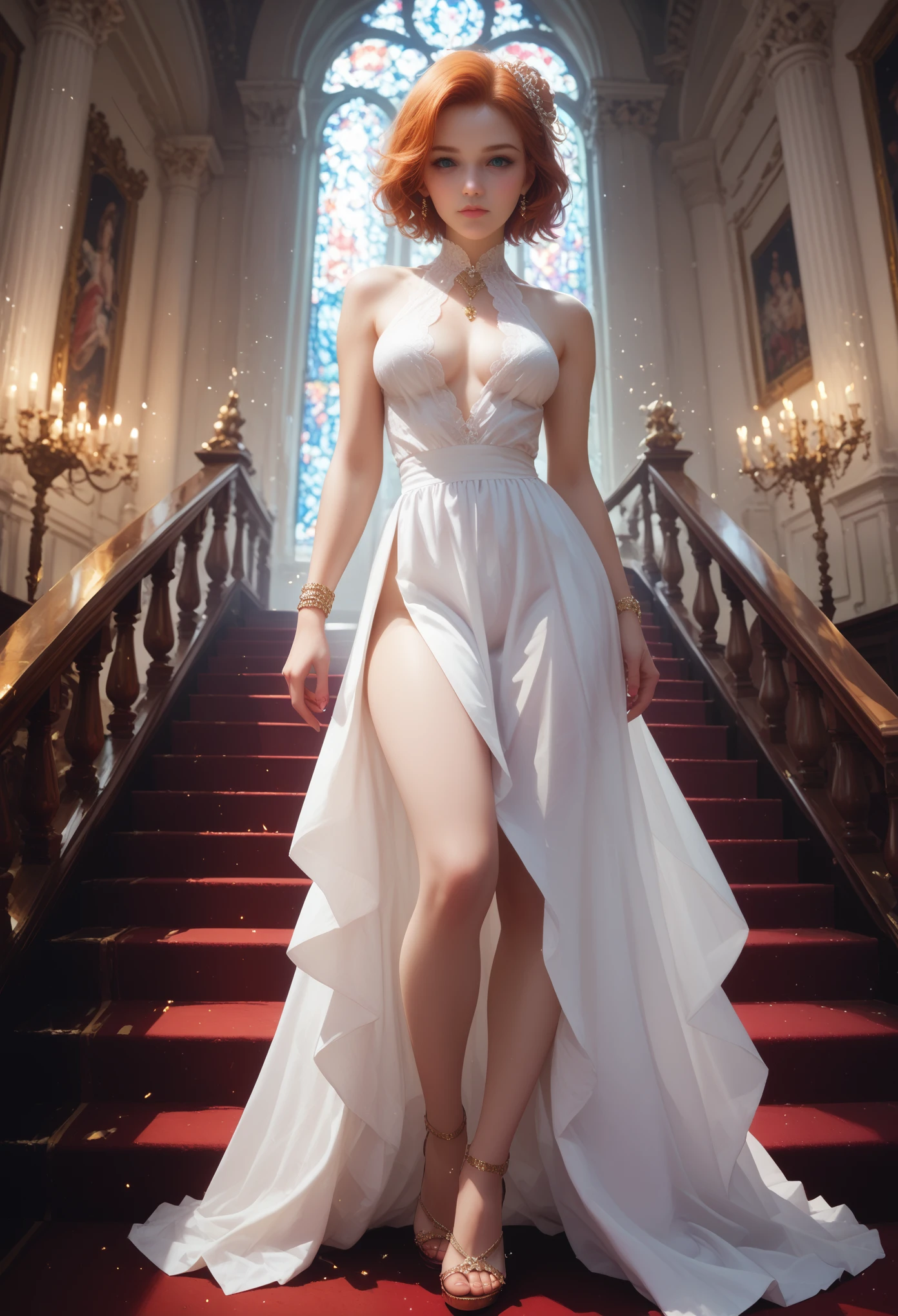 tanlines,Beautiful and Sexy Girl, Stands on the Staircase Landing, the light falls softly on her, Sparkles and Glitters, A game of shadows, striking composition, A breathtaking sight, masterpiece, Maximum Details, Maximum Quality, core_9, score_8_up, score_7_up,