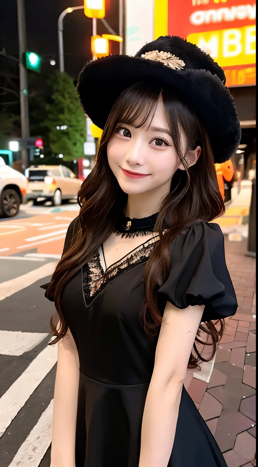 high quality, 最high quality, masterpiece, Very cute、beautifully、detailed, Professional photography, Proper Lighting,
Very beautiful girl, Beautiful Face, Face Tattoos,
Halloween Costumes, Black short dress, Black witch hat, Orange accessories,
smile, Laughter, Blushed, (thin, Pale skin,:0.8)
Very straight medium length hair（Single Blade）,
(Bokeh, Dynamic Angle, city, Running on the road, Midnight, Shibuya Ward,:0.8)