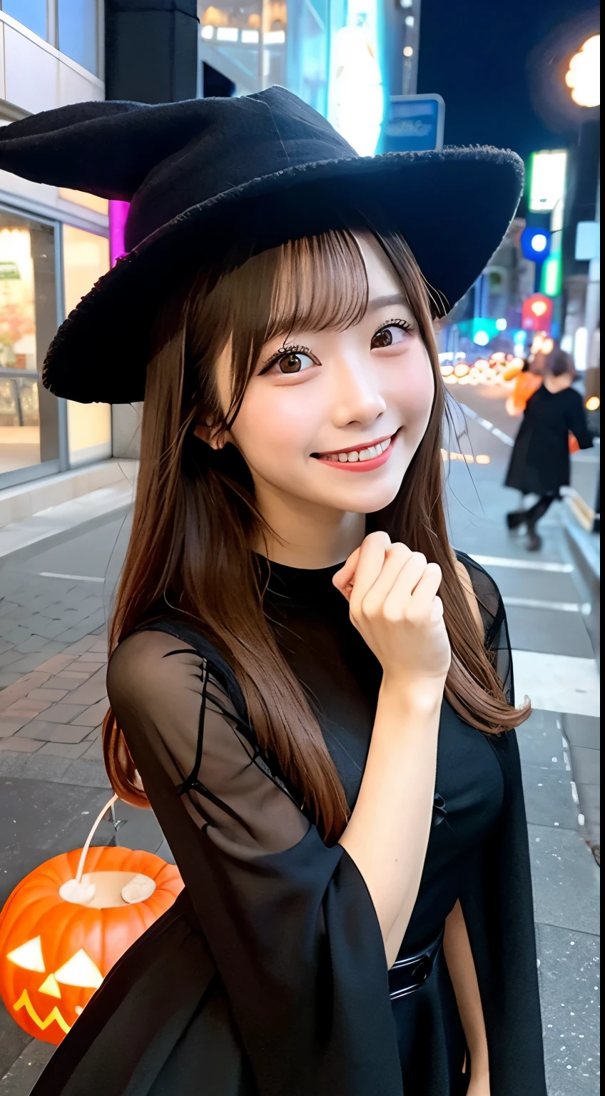 high quality, 最high quality, masterpiece, Very cute、beautifully、detailed, Professional photography, Proper Lighting,
Very beautiful girl, Beautiful Face, Face Tattoos,
Halloween Costumes, Black short dress, Black witch hat, Orange accessories,
smile, Laughter, Blushed, (thin, Pale skin,:0.8)
Very straight medium length hair（Single Blade）,
(Bokeh, Dynamic Angle, city, Running on the road, Midnight, Shibuya Ward,:0.8)