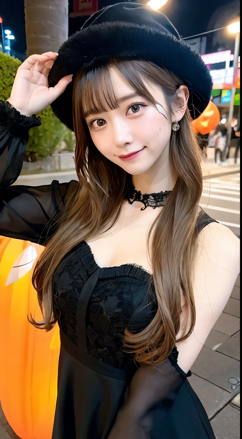 high quality, 最high quality, masterpiece, Very cute、beautifully、detailed, Professional photography, Proper Lighting,
Very beautiful girl, Beautiful Face, Face Tattoos,
Halloween Costumes, Black short dress, Black witch hat, Orange accessories,
smile, Laughter, Blushed, (thin, Pale skin,:0.8)
Very straight medium length hair（Single Blade）,
(Bokeh, Dynamic Angle, city, Running on the road, Midnight, Shibuya Ward,:0.8)