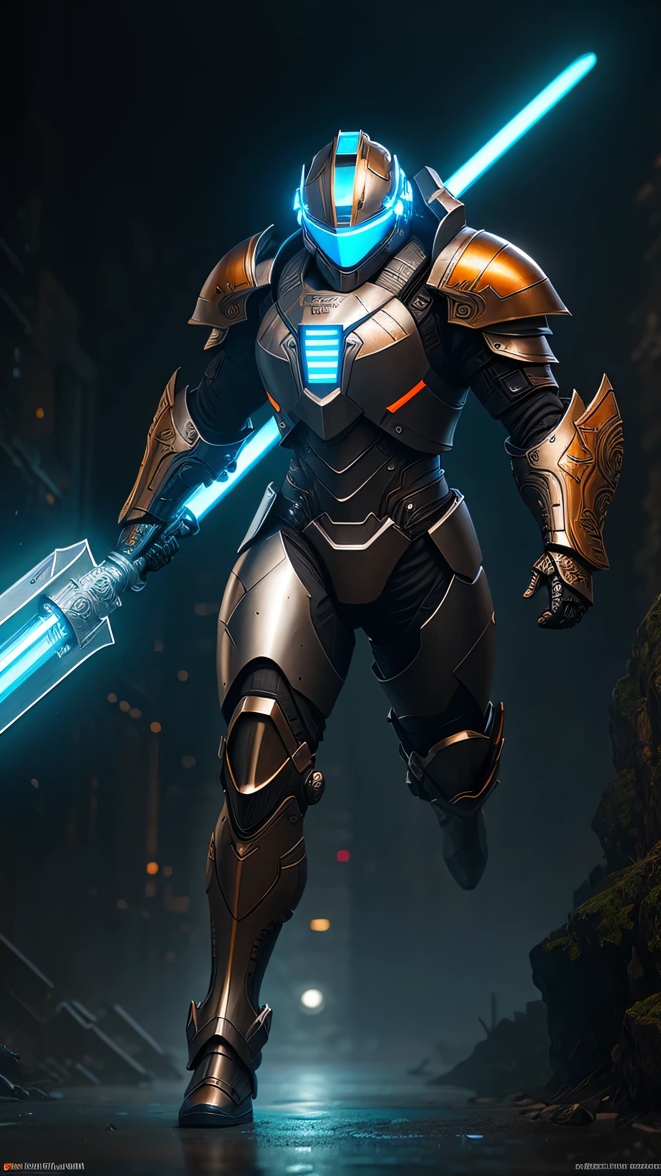 futuristic knight, heavy high-tech armor, helmet with distinct visor, metallic orange and silver colors, modern designs, glowing blue highlights, intricate engravings, wielding large hammer-like weapon, holding round shield, charging forward, cold misty backdrop, sense of movement, (insanely detailed, beautiful detailed face, masterpiece, best quality), cinematic lighting, 1man, solo, full body view, (front view), looking at viewer, intricate, high detail, sharp focus, dramatic, photorealistic painting art by greg rutkowski