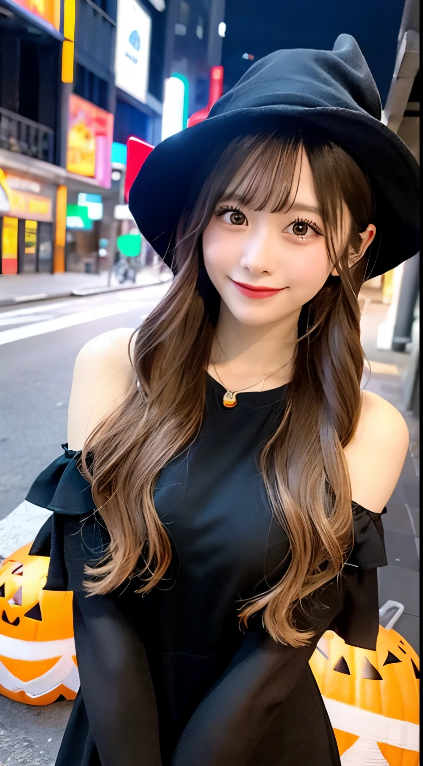 high quality, 最high quality, masterpiece, Very cute、beautifully、detailed, Professional photography, Proper Lighting,
Very beautiful girl, Beautiful Face, Face Tattoos,
Halloween Costumes, Black short dress, Black witch hat, Orange accessories,
smile, Laughter, Blushed, (thin, Pale skin,:0.8)
Very straight medium length hair（Single Blade）,
(Bokeh, Dynamic Angle, city, Running on the road, Midnight, Shibuya Ward,:0.8)