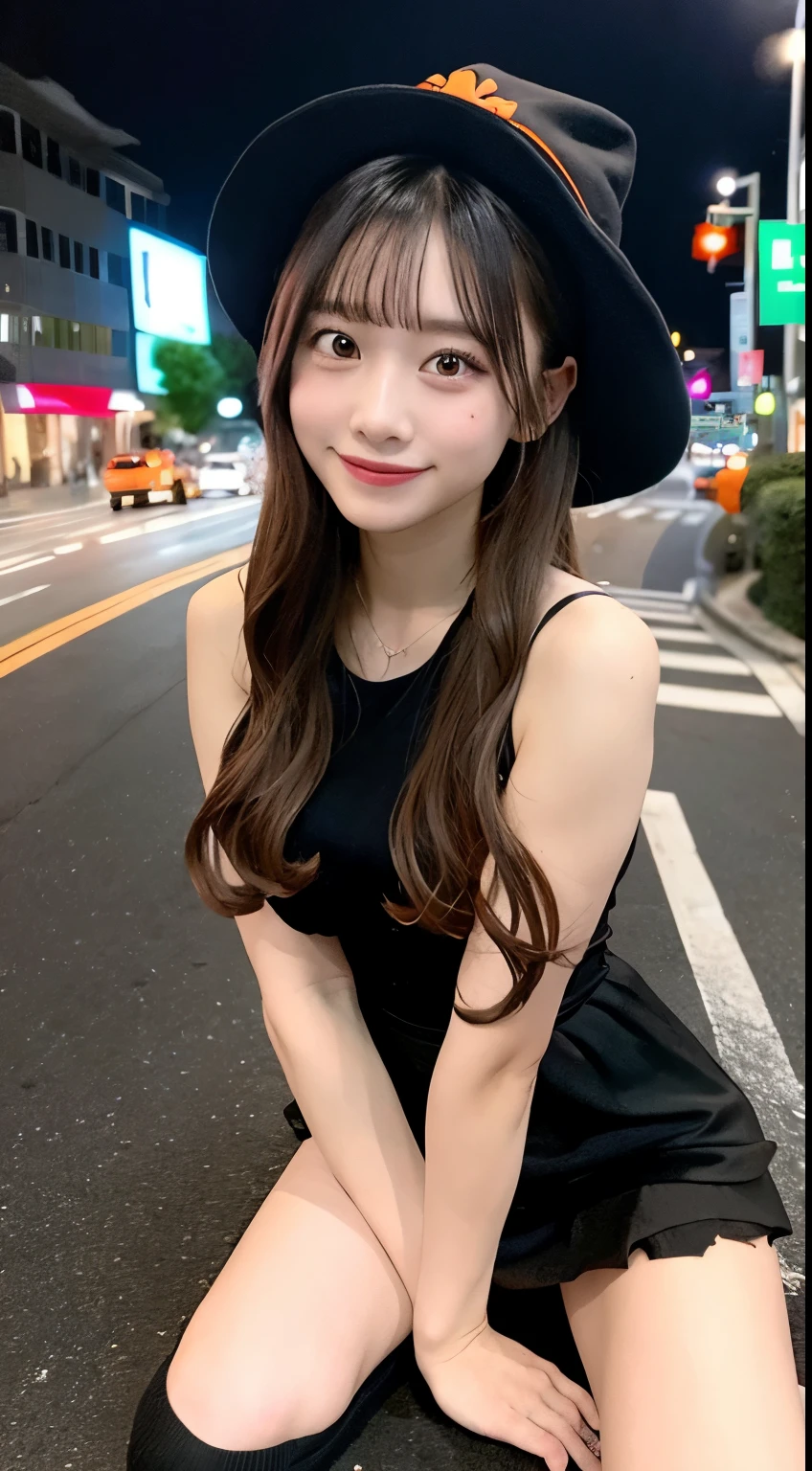 high quality, 最high quality, masterpiece, Very cute、beautifully、detailed, Professional photography, Proper Lighting,
Very beautiful girl, Beautiful Face, Face Tattoos,
Halloween Costumes, Black short dress, Black witch hat, Orange accessories,
smile, Laughter, Blushed, (thin, Pale skin,:0.8)
Very straight medium length hair（Single Blade）,
(Bokeh, Dynamic Angle, city, Running on the road, Midnight, Shibuya Ward,:0.8)