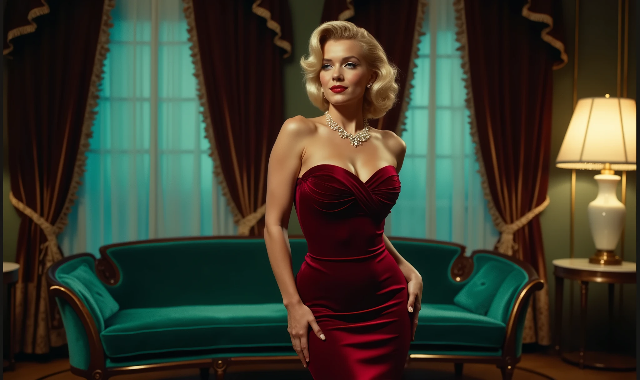 Hyperrealistic photograph of a 30-year-old woman green silk satin, Betty Grable, maid, under bust silk very low cut dress on a white leather sofa, high heels sandals the entire body, blonde curly hair, high quality, realistic lighting, center of the image, hourglass proportions, 8k, HDR, BDSM, medium chest size, long legs, tinted, professional photography of a woman, natural skin texture, 4K textures, Adobe Lightroom, Photolab, HDR, intricate, elegant, very detailed, sharp focus, insane details, intricate details, hyper-detailed, bright cinema light, outdoor atmosphere, chin pulled up, (exposed belly: 1.8), (remote shot), friendly facial expression