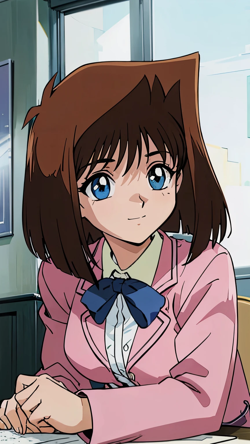 { 4k wallpaper : illustration : beautiful detailed eyes : extremely detailed face : perfect lighting : extremely detailed CG } { retro_anime_filter } { in_classroom }  { 1girl : Tea_Gardner : cute_face : : brown_hair  : Perfectly_shaped_breast : Perfectly_fit_body  : sweet_smile : pink_school_jacket : blue_ribbon } { sitting : looking_at_viewer }