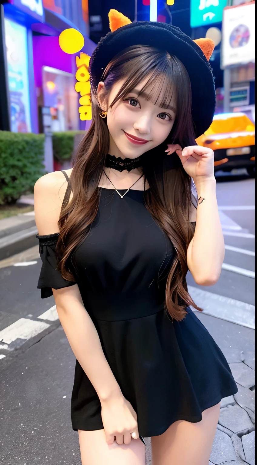 high quality, 最high quality, masterpiece, Very cute、beautifully、detailed, Professional photography, Proper Lighting,
Very beautiful girl, Beautiful Face, Face Tattoos,
Halloween Costumes, Black short dress, Black witch hat, Orange accessories,
smile, Laughter, Blushed, (thin, Pale skin,:0.8)
Very straight medium length hair（Single Blade）,
(Bokeh, Dynamic Angle, city, Running on the road, Midnight, Shibuya Ward,:0.8)