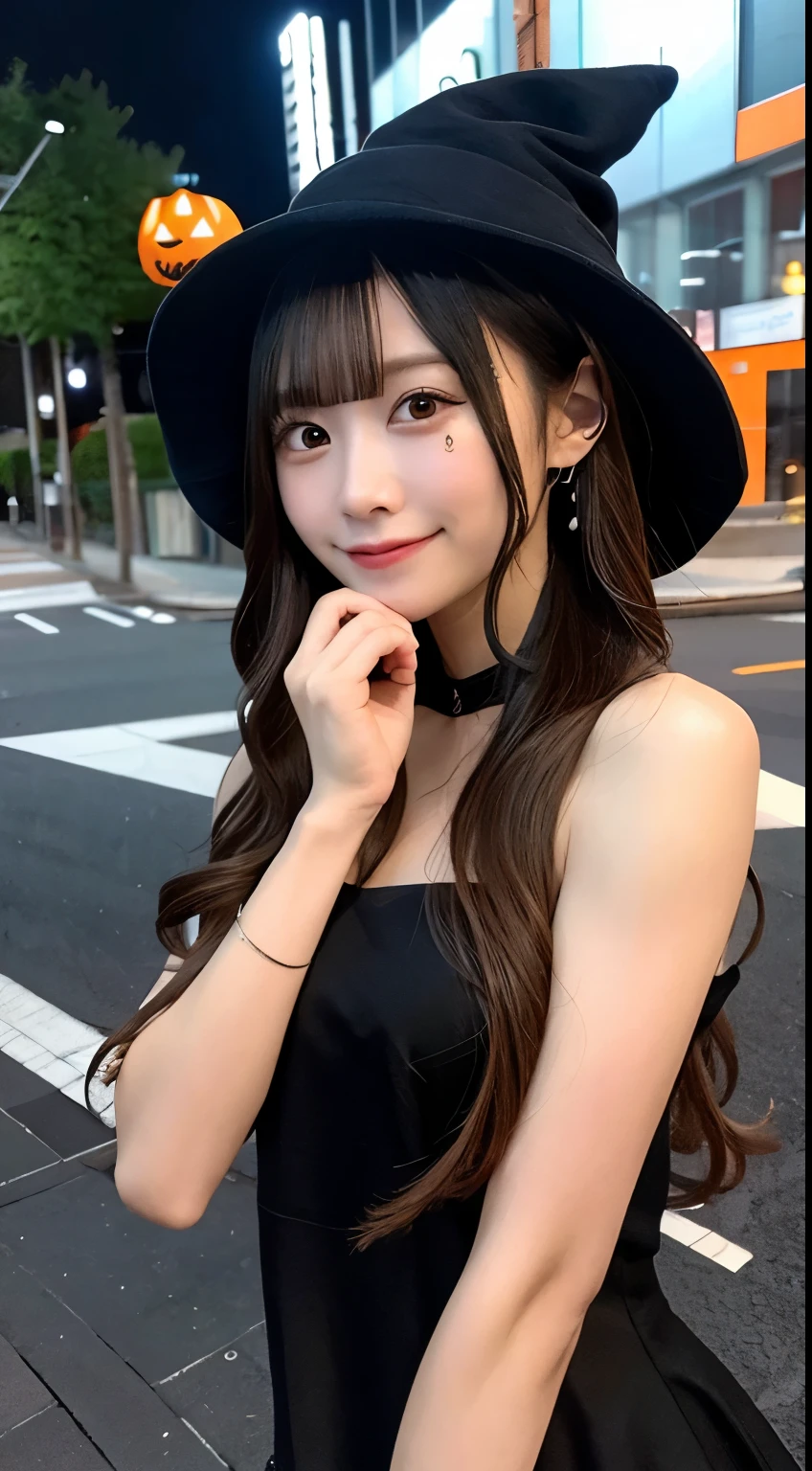 high quality, 最high quality, masterpiece, Very cute、beautifully、detailed, Professional photography, Proper Lighting,
Very beautiful girl, Beautiful Face, Face Tattoos,
Halloween Costumes, Black short dress, Black witch hat, Orange accessories,
smile, Laughter, Blushed, (thin, Pale skin,:0.8)
Very straight medium length hair（Single Blade）,
(Bokeh, Dynamic Angle, city, Running on the road, Midnight, Shibuya Ward,:0.8)