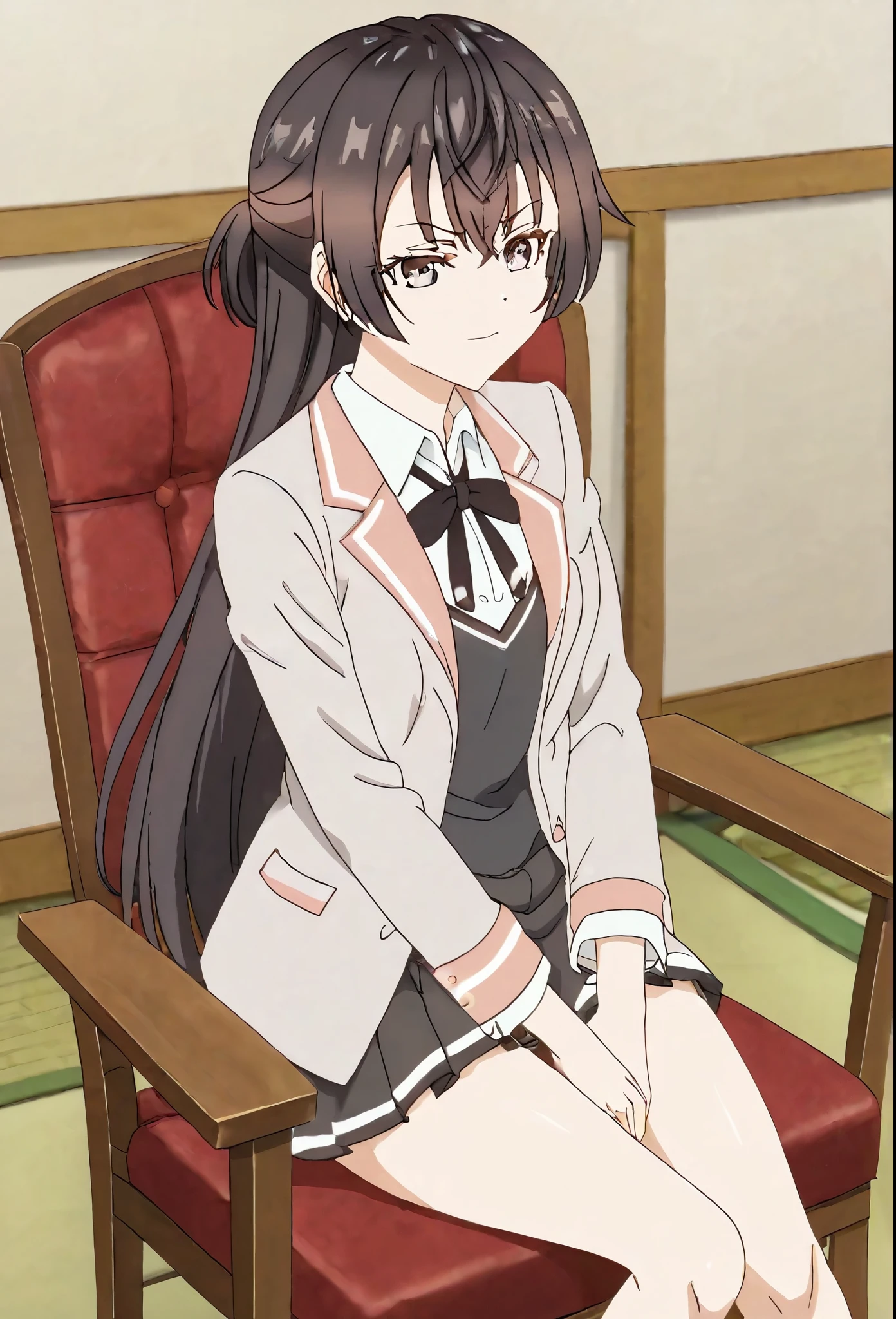 1girl, Alone, black hair, yuki suou, tricky glance, sits in a chair, 