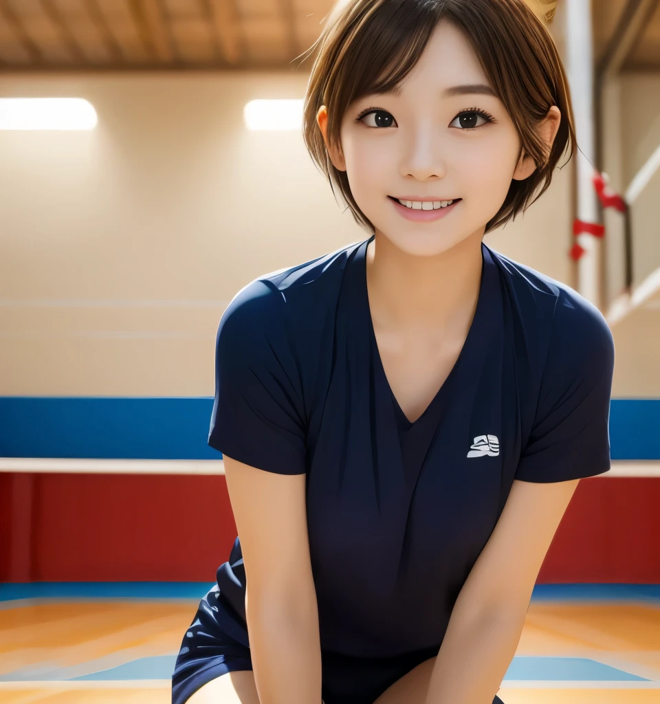 Best Quality、、Ultra-high resolution、masterpiece、Clear Photo、Professional Lighting、smile、(Very cute girl、beautiful girl、The cutest Yoda Yuki)、baby face、Small Face、(Large erect nipples、I like that chest)、Ultra slim、Slender body、Small waist、Beautiful legs、(Volleyball Player)、(sitting on a volleyball court、Sit in front of the camera、Legs wide open:1.2、Show me your crotch)、(Very short hair:1.6)、Brown Hair