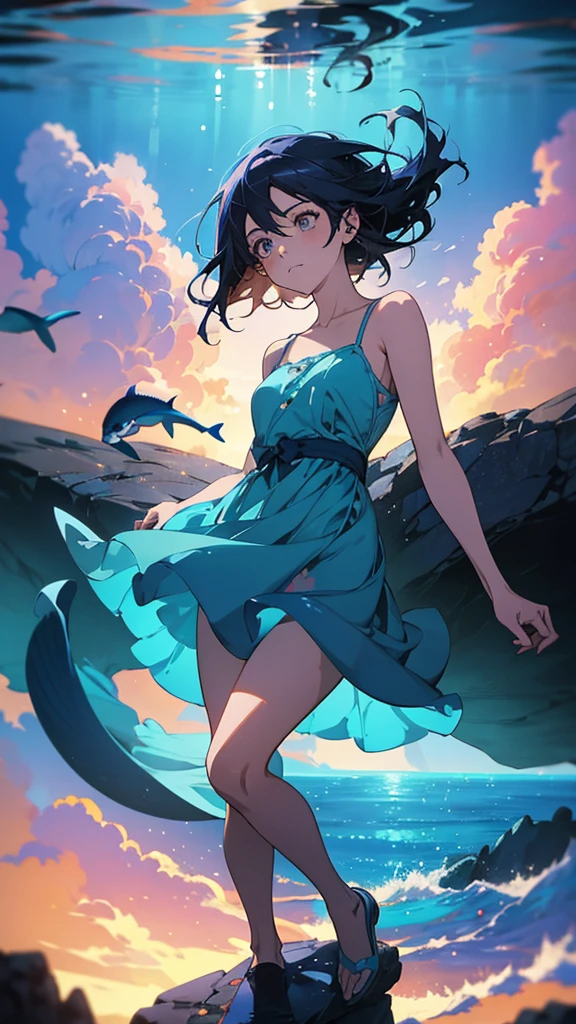 (masterpiece:1.3), (best quality:1.2), (illustration:1.2), (ultra detailed:1.2), (pixiv:1.4), ultra high res, watercolor, a girl with mimosa-colored and blunt bangs hair and eyes, (masterpiece:1.3), (best quality:1.2), (illustration:1.2), (ultra detailed:1.2), (pixiv:1.4), ultra high res, watercolor,looking at viewer ,focus eye,flat chest,slender,shining, many rays, (transparent lake:1.3), emerald lake, a black bikini, swimming under water, (tropical fish:1.3) pastel tones, flat tones, upward glance, tilt head, full body, twinkle smile, 1girl, solo, 15years old, detailed beautiful face and eyes, fashion model, tall, slender legs, medium breasts, hair fluttering, (well-proportioned body:1.2), (dynamic angle:1.3) (beautiful hair:1.2), (masterpiece:1.2) , (best quality:1.2) , (ultra-detailed:1.2), 1000 other tiny bubbles all around, bubbles with light shined,