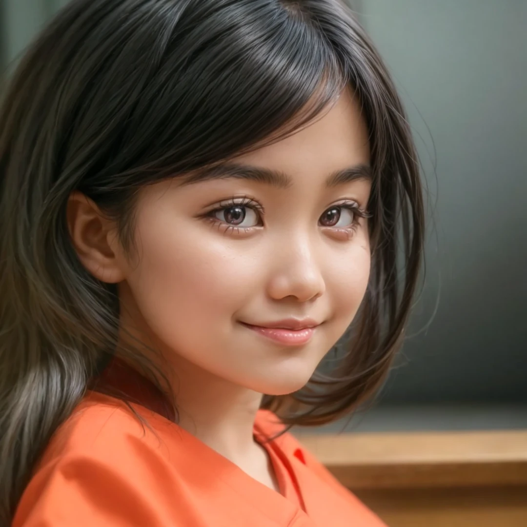 Photo of a cute, beautiful Indonesian student wearing a white uniform and a red tie, with a red and white Indonesian flag on her chest, wearing a bag and black hair 