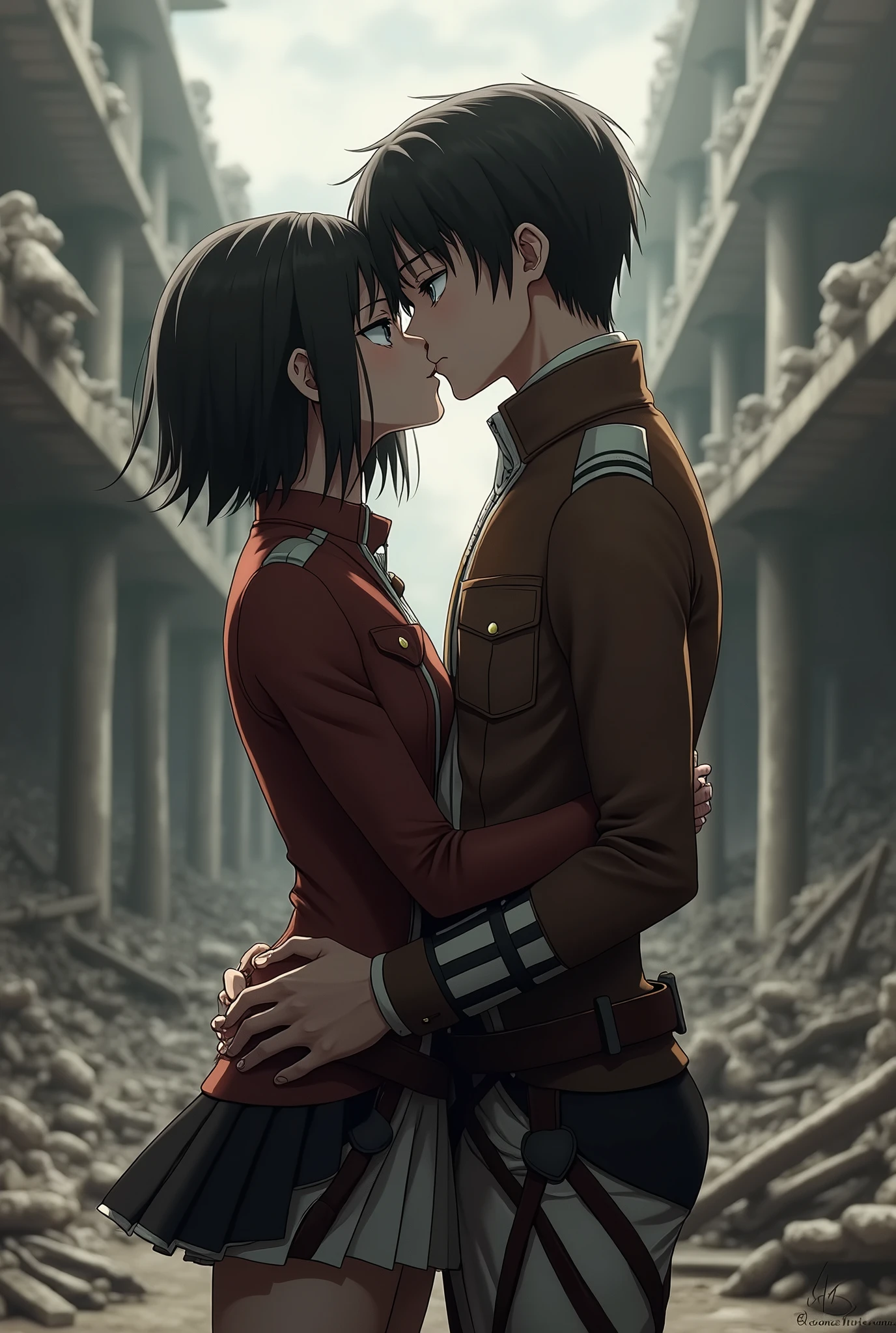 Mikasa ackerman, 1girl, carry, eren, 1boy n mikasa arms, eren gagged, attack on titan, uniform,