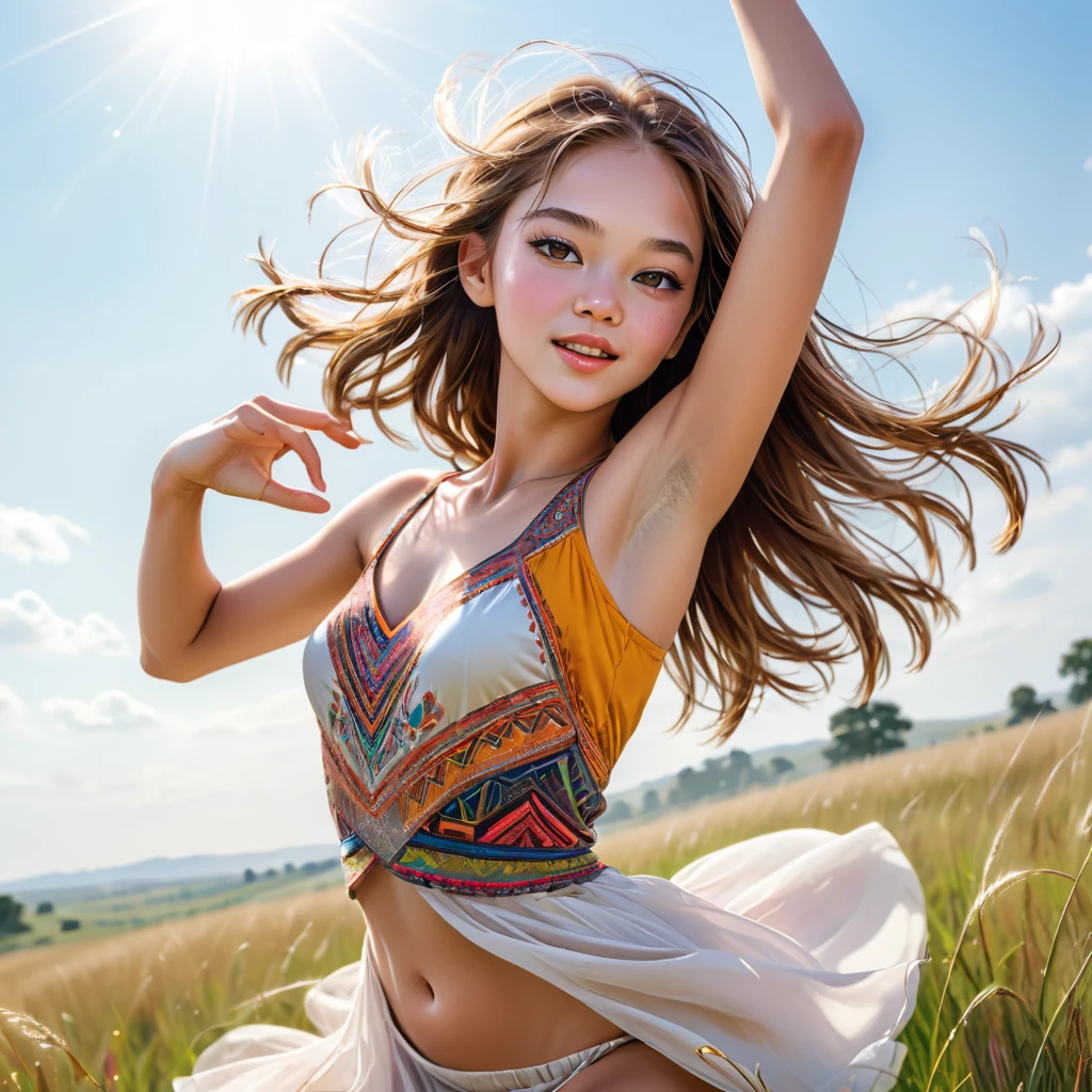 (16k wallpaper:1.1),(Highest quality:1.4),(High resolution:1.4),girl dancing gracefully in a grassland, showcasing intricate fashion-forward movements, upper body focus, high contrast, detailed facial features including beautiful eyes, nose, and lips, balanced girl size, shining pupils, perfect lighting and shadow, vivid colors, flat lighting, masterpiece