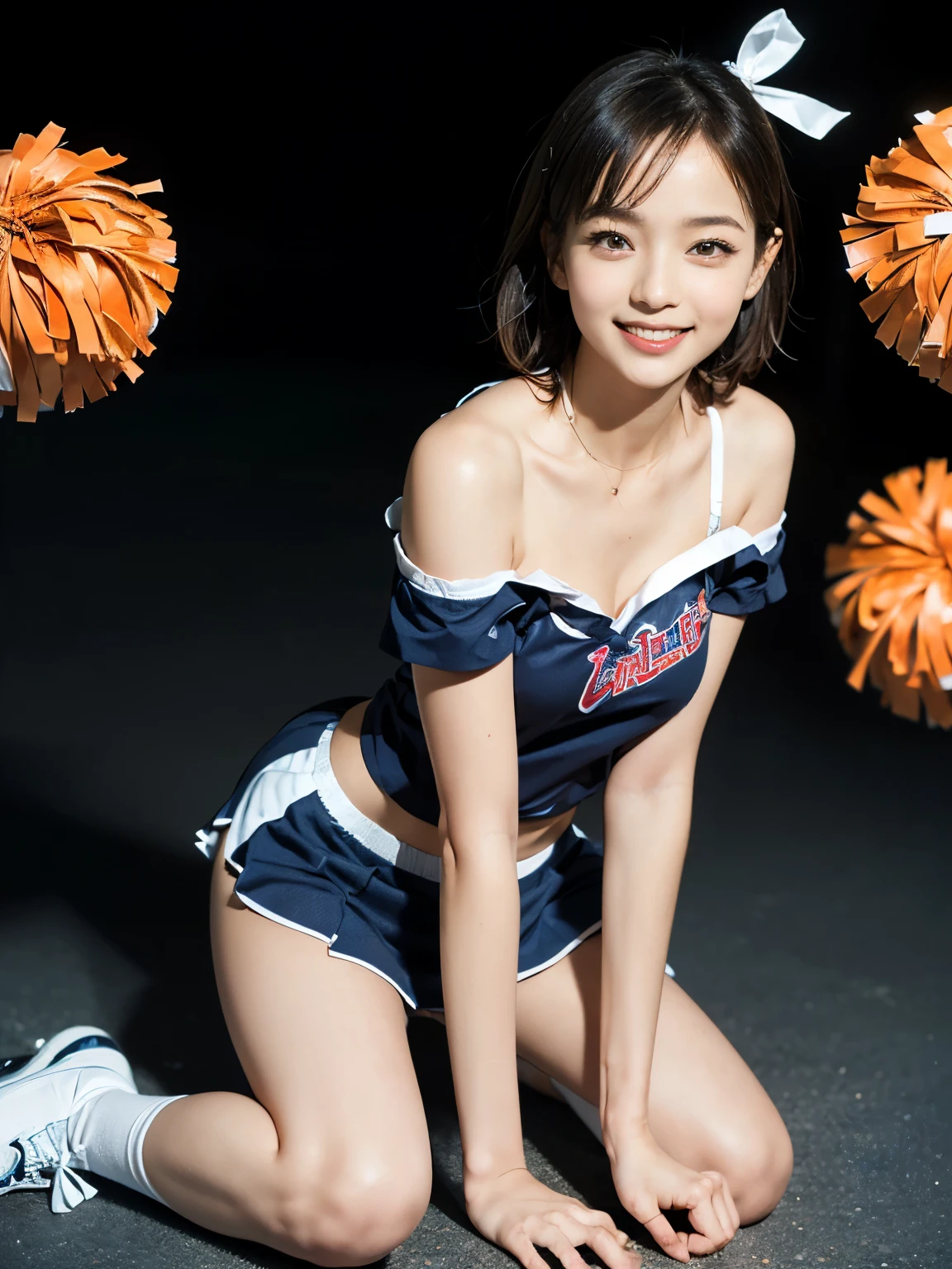 (Top quality、Excellent detail、Extremely detailed depiction、Perfect Anatomy、Perfect Style、Original photo、Delicate skin、Ultra-high resolution、Photorealistic:1.3)、Cute woman、Cute smile、A big smile、Charming smile、(Short Hair、Cute ribbon、Cheerleader Costumes、Cheerleader uniform、skirt、Cute Panties、Off the shoulder、Looking at the camera:1.4)、(Sitting、Cute pose、Spread legs、Cute Pantiesが見える、Low angle:1.4)、Full body shot、Leg focus