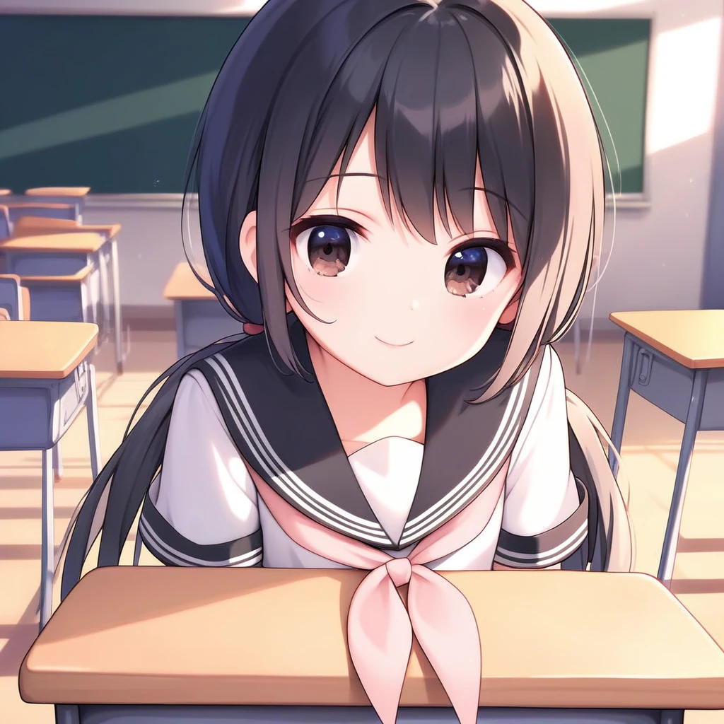 High resolution, 8k, best quality, masterpiece, ultra detailed, anatomically correct, anime, score_9, score_8_up, score_7_up, score_6_up, score_5_up, score_4_up,
1girl, sitting in a chair, bent over, arms on school desk,
BREAK
very long low twintails with red ribbon, very long low pigtails, black hair, dark brown eye,
light smile,
(serafuku, black sailor collar, white blouse:1.2), pink neckerchief, short sleeve,
BREAK
classroom, school chair, school desk, blackboard,
(break time:1.2), (high school in Tokyo), (mixed education:1.2), noon, summer,
POV, closeup, facing viewer, from front, face, upperbody,
BREAK
(many students:1.3), (talking and sitting 4 girl, talking and standing 2 boy:1.2), school uniform, Japanese