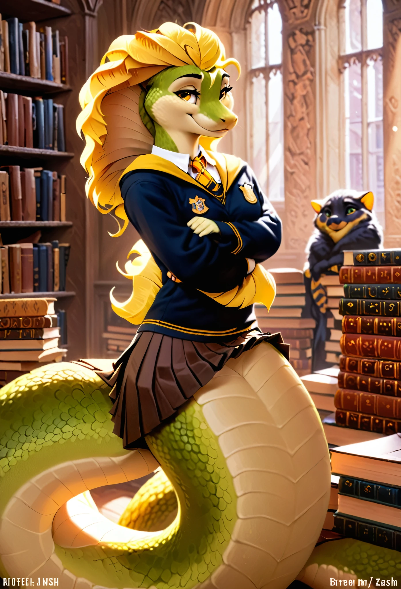 in the style of rotarr, in the style of zaush, in the style of binxxy, solo, (anthro), female, snake, green scales, (naga), boa snake, snake body, snake tail, morning lighting, in library, bashful, smiling at viewer, (pleated skirt), hogwarts uniform, hufflepuff uniform, hufflepuff emblem, black robe, hogsks, lamia, reptile snout