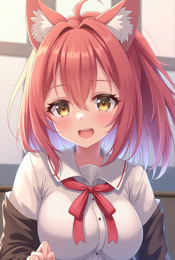 ((masterpiece,best quality)), high resolution, ultra detailed,8k,16k,detailed background, perfect lighting,detailed beautiful eyes, 1girl,solo,embarrassed,blush,steam, heavy breathing,look at viewer,saliva,(naughty smile:1.2),(open mouth,oral,spread mouth:1.1),ahegao,drivel,(close up face,from above:1.2),from front, (pov:1.2),drool stringing,be breathless,show mouth,sweat,fisheye lens,stick tongue out,kneeling,cum in mouth,fair skin,small breast,pink long hair,ponytail,(almond eyes,tiny,slender,short body,9years old,narrow sholders,short stature:1.3),haruurara,pale color,cherryflower-shaped pupils,classroom,red hoseear,nude