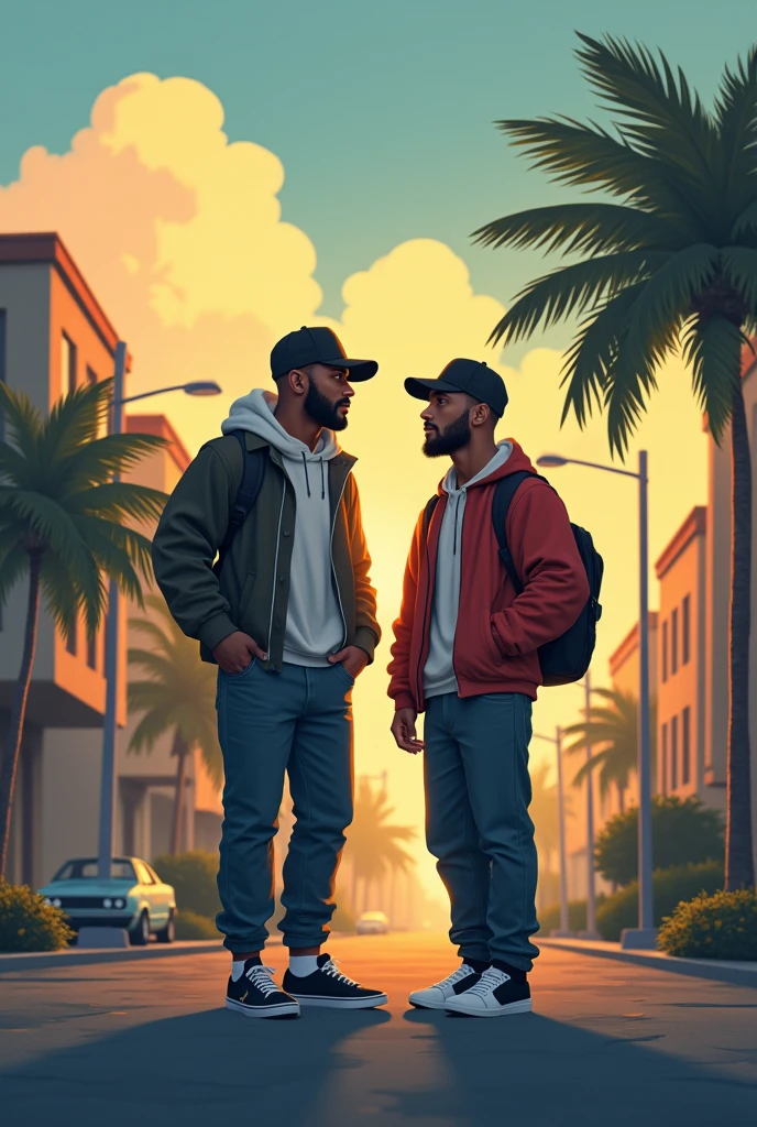 Two handsome boys standing in the street, carrying school bags, one wearing a mask, crowd, road, house