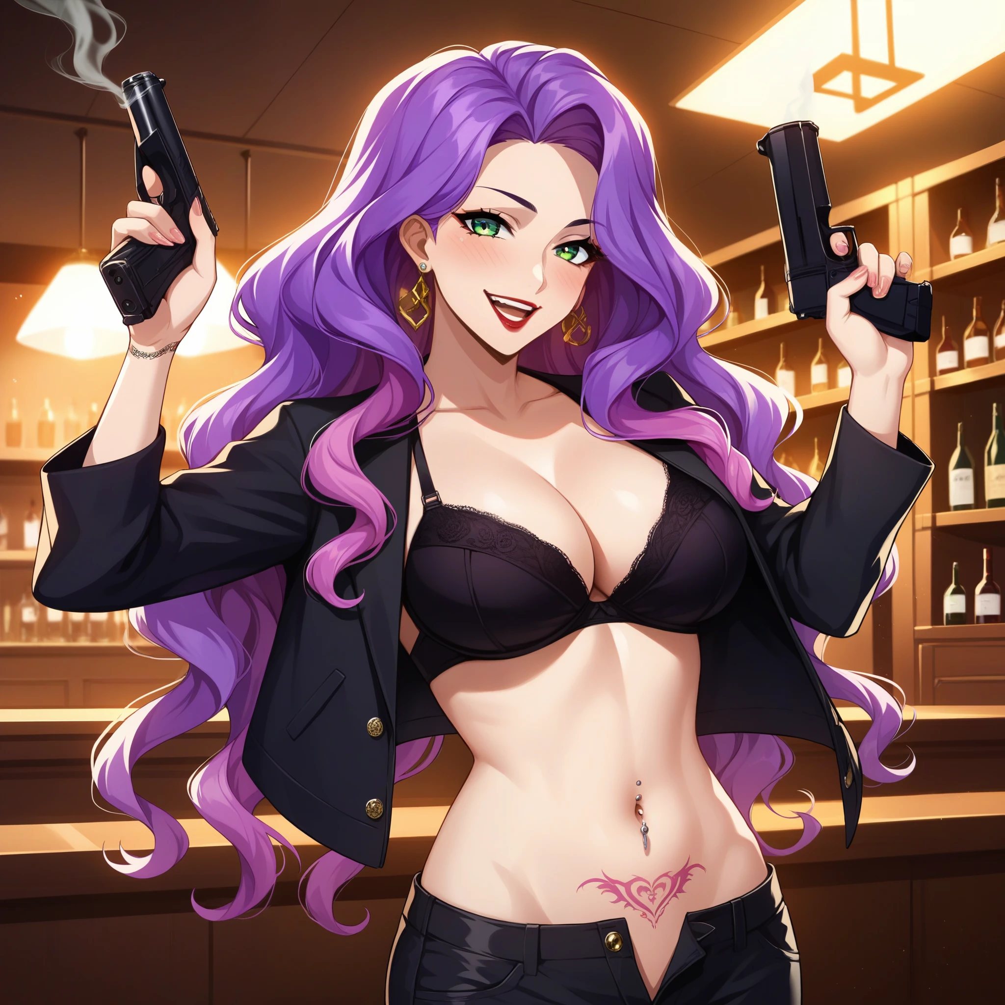 score_9, score_8_up, score_7_up, score_6_up, score_5_up, score_4_up, rating_questionable, , source_anime, digital illustration, pixiv, fanbox, uncensored, , BREAK, official art,
1girl, solo, female, anna clement, purple hair, green eyes, long hair, wavy hair,
 long hair, earrings, red lips, large breasts, ear piercing, long hair, blush, lipstick,Hot girl, baddie, smoking, sensual, attractive , bar background, inside bar, long sleeves, cleavage, jacket, unbuttoned pants, black jacket, black pants, formal, suit, black bra, evil smile, smile, (nsfw) not safe for work, navel, evil expression, exposed belly, exposed navel, exposed midriff, exposed lower belly, unbuttoned long black pants, open mouth, holding a gun, holding pistol, navel piercing, tattoo, flower tattoo, dragon tattoo, belly tattoo, open arms sideway, arms T-pose, smirk, standing, anime girl T posing