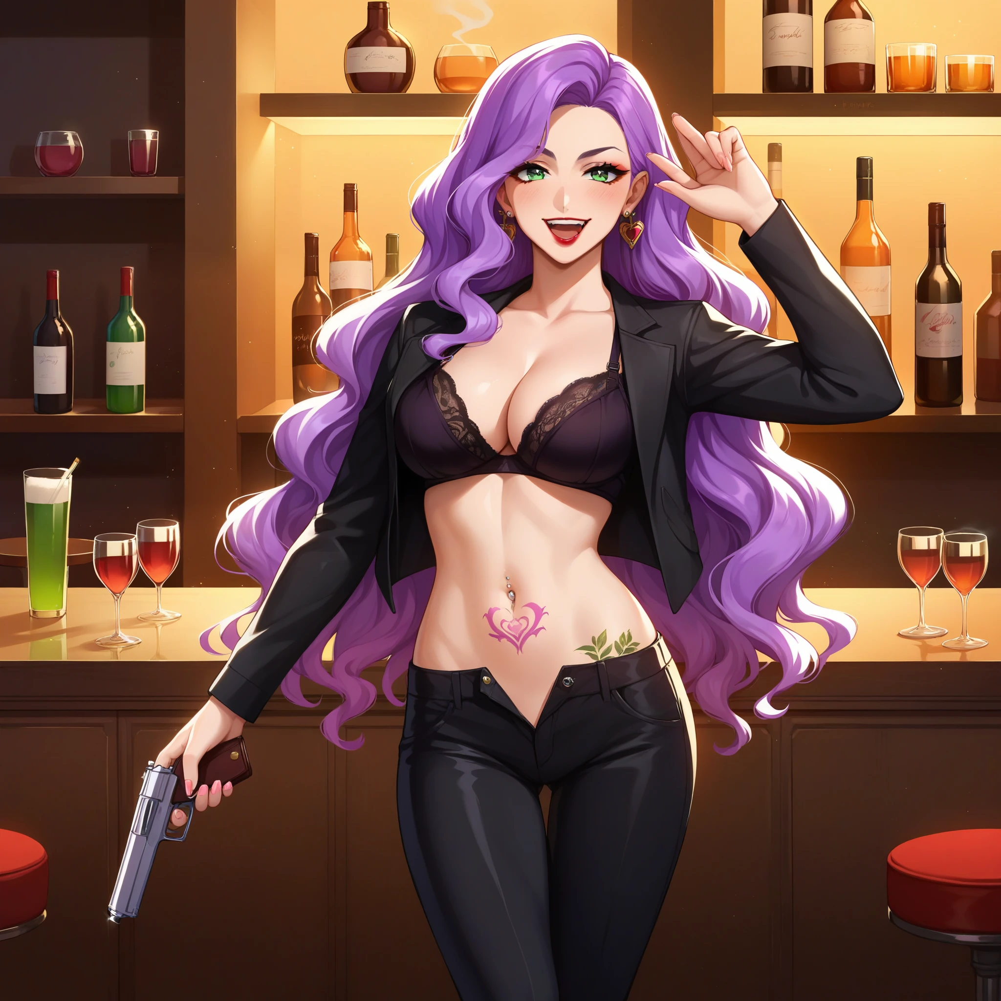 score_9, score_8_up, score_7_up, score_6_up, score_5_up, score_4_up, rating_questionable, , source_anime, digital illustration, pixiv, fanbox, uncensored, , BREAK, official art,
1girl, solo, female, anna clement, purple hair, green eyes, long hair, wavy hair,
 long hair, earrings, red lips, large breasts, ear piercing, long hair, blush, lipstick,Hot girl, baddie, smoking, sensual, attractive , bar background, inside bar, long sleeves, cleavage, jacket, unbuttoned pants, black jacket, black pants, formal, suit, black bra, evil smile, smile, (nsfw) not safe for work, navel, evil expression, exposed belly, exposed navel, exposed midriff, exposed lower belly, unbuttoned long black pants, open mouth, holding a gun, holding pistol, navel piercing, tattoo, flower tattoo, dragon tattoo, belly tattoo, open arms sideway, arms T-pose, smirk, standing, anime girl T posing