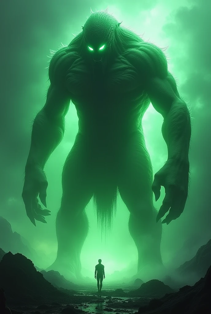 100-armed zombie, greenskin, brawny, glowing red eyes with long black hair held high in a fighting stance