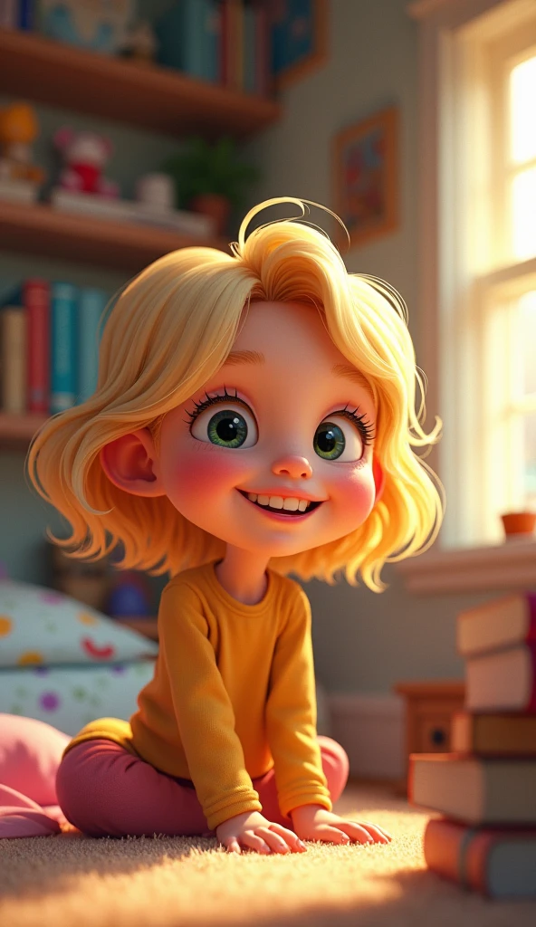 A 9-year-old girl, slightly chubby, with shoulder-length curly blonde hair and a big smile on her face, is wearing pajamas. Her cheerful expression and playful energy are captured in this cozy, comfortable moment