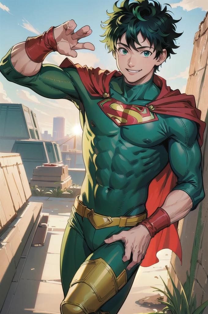 (masterpiece, best quality:1.2), cowboy shot, solo, male focus, 1boy, midoriya izuku, smile, looking at viewer, short green hair, green eyes, green bodysuit, gloves, wearing superman costume with red cape.