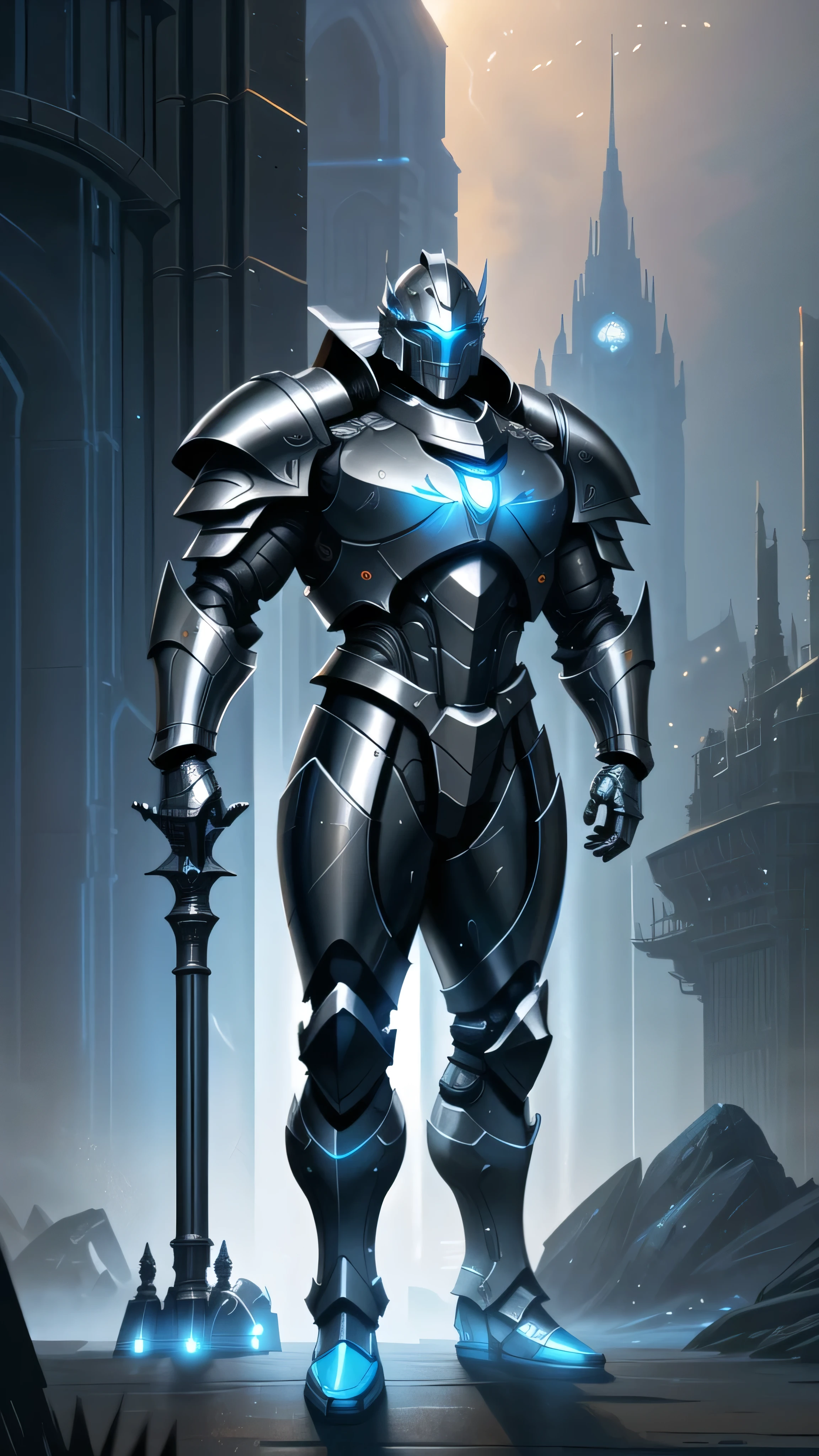 massive futuristic knight, heavy high-tech armor, distinct helmet, glowing visor, metallic blue and silver armor, orange highlights, traditional medieval design, modern high-tech elements, intricate engravings, bulky mechanical parts, standing tall, broad shoulders, thick muscular frame, cold misty background, epic, cinematic, (insanely detailed, beautiful detailed face, masterpiece, best quality), cinematic lighting, 1man, solo, full body view, (front view), looking at viewer, intricate, high detail, sharp focus, dramatic, photorealistic painting art by greg rutkowski