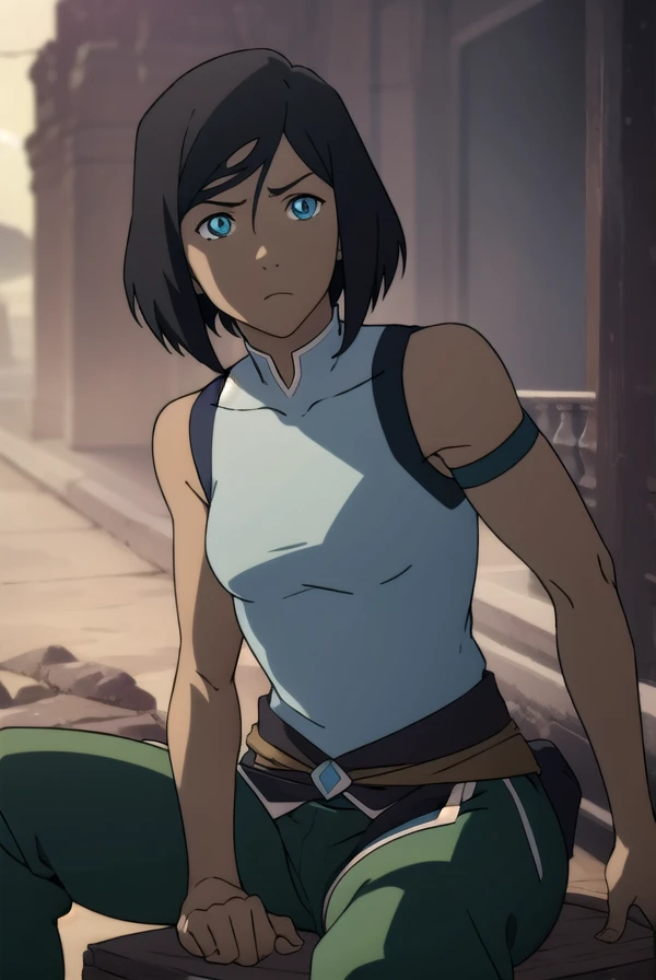 avatarkorra, shkorra, korra, short hair, blue eyes, black hair, dark skin, dark-skinned female,
BREAK pants, armband, green pants, bare shoulders,
BREAK looking at viewer,
BREAK outdoors,
BREAK (masterpiece:1.2), best quality, high resolution, unity 8k wallpaper, (illustration:0.8), (beautiful detailed eyes:1.6), extremely detailed face, perfect lighting, extremely detailed CG, (perfect hands, perfect anatomy), sitting On the throne,  nsfw 