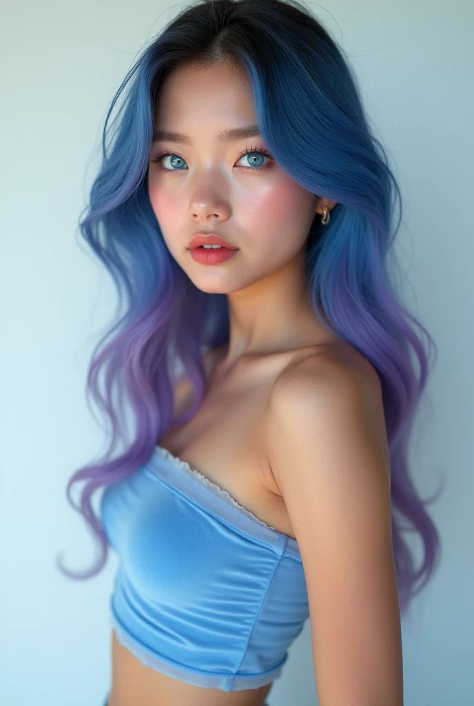 photorealistic,Very detailed, 4K,Very realistic, Hyperrealism, Ultra-realistic, Best Quality,(masterpiece,Soft lighting, Stylish eyes with attention to detail: 1.2),(cute),15 YO,Lipstick advertisement,Sleeveless,Sheer blue tube top,girly style,Fashion studio white background,(Full body portrait :1.6),Standing facing me,Enhances skin texture,Gorgeous Makeup,Highlight your lips,Big Mouth,Thick lips,Moist lips,Fuller lips,Glossy lips, Lips are shiny with lip balm,long blue,violet  hair, (Perfect oval shape with large eyes),Blue gorgeous perfect eyes, (Charming若い女性:1.3), (Charming:1.3),