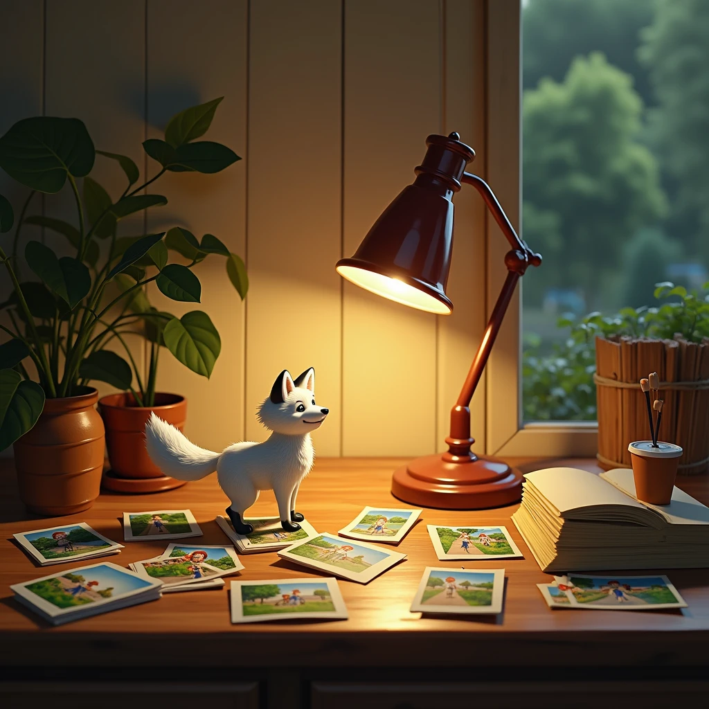 There is a beautiful figurine of a white wolf on the table,The Table on Which the Lamp Stands and Shines in the Photograph,Miniature Photos, Lying on the Table Very Many Different Photos Cardboard, Shown in Photo, White Fox and Girl Walking in a Beautiful Park, All photos are glossy, very colorful and clearly visible images on them all very detailed, beautiful colors, maximum details, A game of shadows, masterpiece, realistically, Epic Movie Scene, real, 