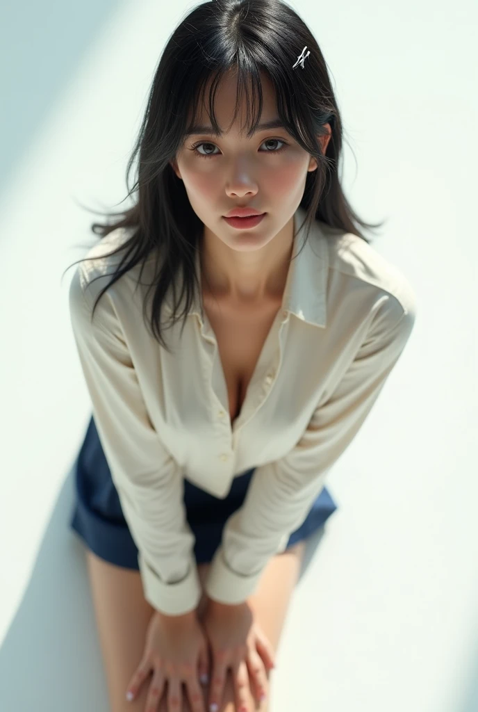 1girl, woman, masterpiece, best quality, highest quality, cinematic lighting, (volumetric lighting), extremely detailed CG unity 8k wallpaper, focused, 8k wallpaper, extremely detailed, ultra realistic, photorealistic, sharp focus, absurdres, (HDR:1.2), (high contrast), photograph, detailed and intricate, instagram, portrait, highly detailed, digital painting, artstation, concept art, smooth, sharp focus, illustration, cinematic lighting, (Large breast:1.2), medium shoulder, show thighs, close up, shirt, mini skirt.