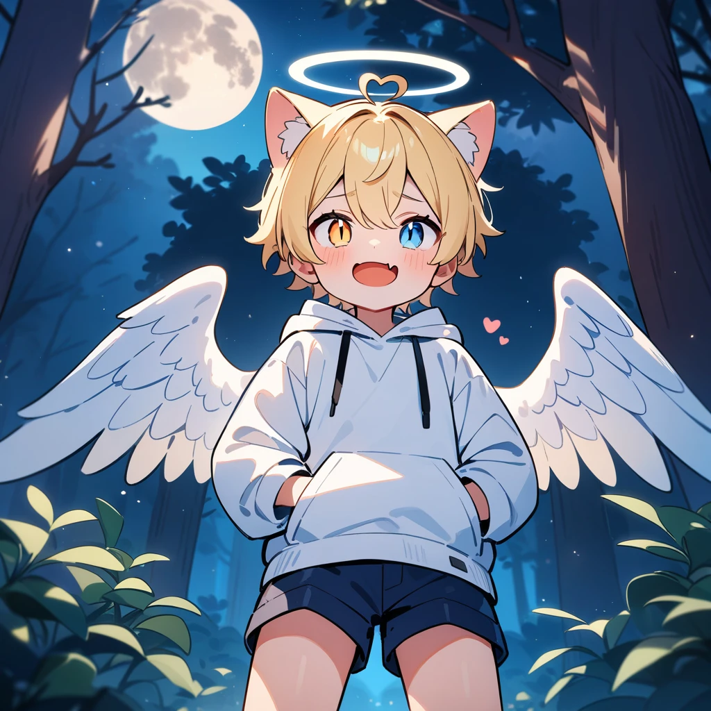 （masterpiece：1.2，high quality），8k，High resolution，A seven-year-old boy，cute boy，blonde hair，short hair， Heterochromia，slit pupils，heart ahoge，cat ears，halo on the head，（halo），laughing，skin fang，There are white angel wings behind，Wearing a white hoodie，Dark blue shorts，Standing outdoors，Full Moon，Night Sky，night，Flowering tree branches，In the forest.，primary school student，thigh，alone，((Put your hands in your pockets))