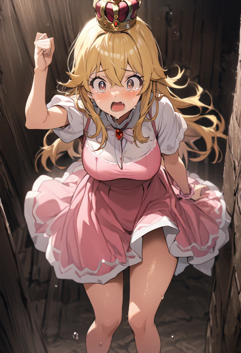 Girl with hands tied above her head、Dark Prison、Pink Dress、lotion、Best Quality、blonde、Crown,Sweaty body、(tears:1.3)、Stand with your feet apart、Large Breasts,(Surprised),Long Hair,((Having your skirt flipped up by an older man)),((Panties in full view))