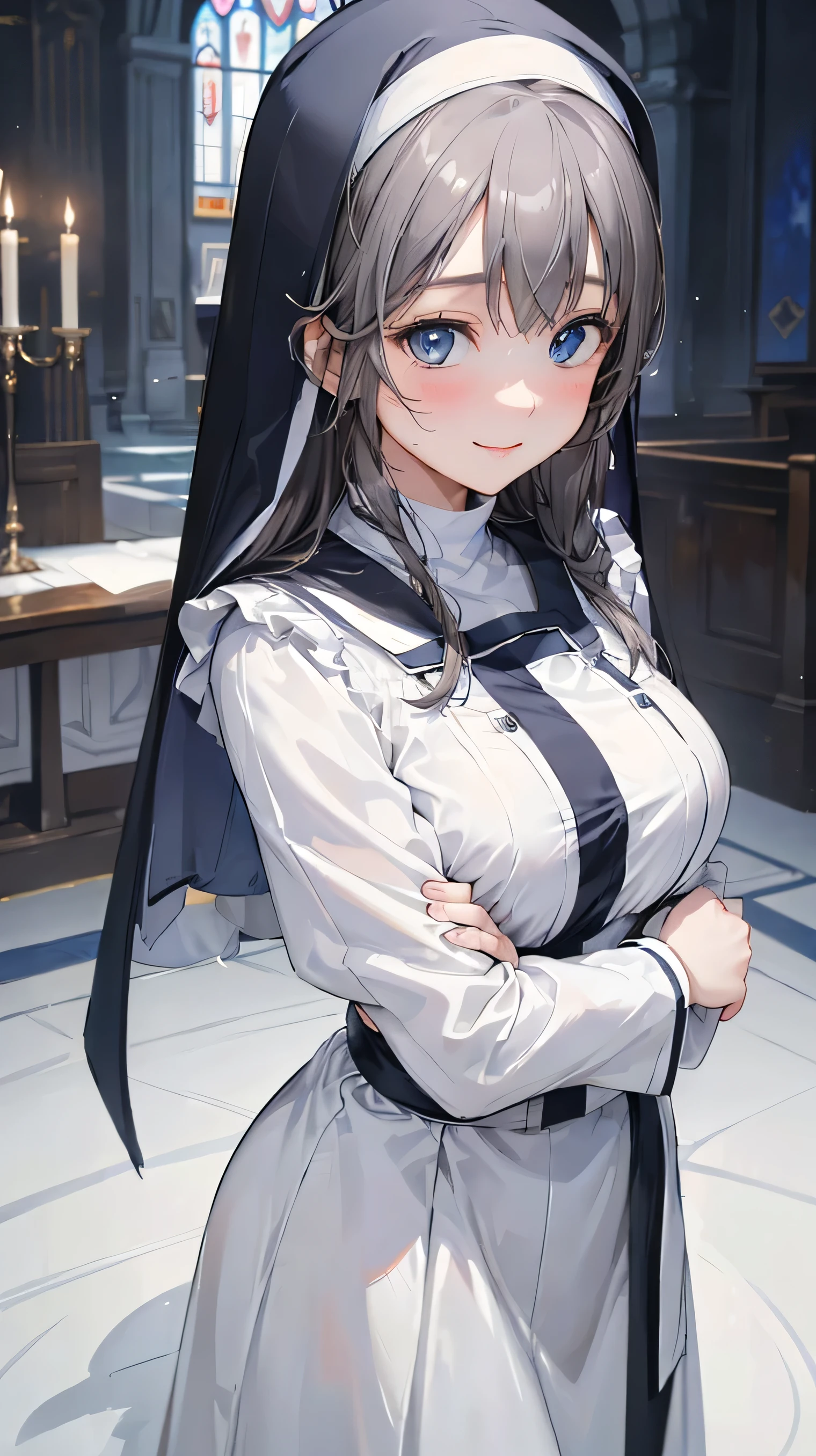 8k resolution,((Best Quality)),Ultra-high resolution,Adult women, Alone, sexy, (A kind smile), (Blue eyes), A beautiful, symmetrical face, (Gray neat long hair),Elegant nun clothing,Long skirt,White nun hood,Realistic:1.4,Realistic:1.4,(masterpiece:1.2),Perfect Eyes,Perfect Eyes,church