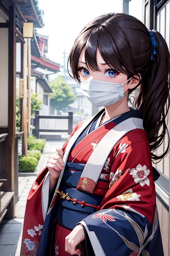 the character wears a traditional kimono, 1girl, solo, night, long hair, blue eyes, looking at viewer, japanese clothes, (white mask)