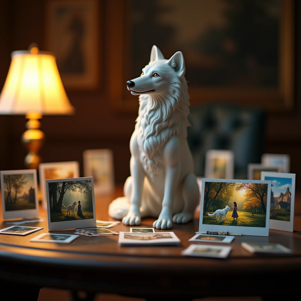 There is a beautiful figurine of a white wolf on the table,The Table on Which the Lamp Stands and Shines in the Photograph,Miniature Photos, Lying on the Table Very Many Different Photos Cardboard, Shown in Photo, White Fox and Girl Walking in a Beautiful Park, All photos are glossy, very colorful and clearly visible images on them all very detailed, beautiful colors, maximum details, A game of shadows, masterpiece, realistically, Epic Movie Scene, real, 