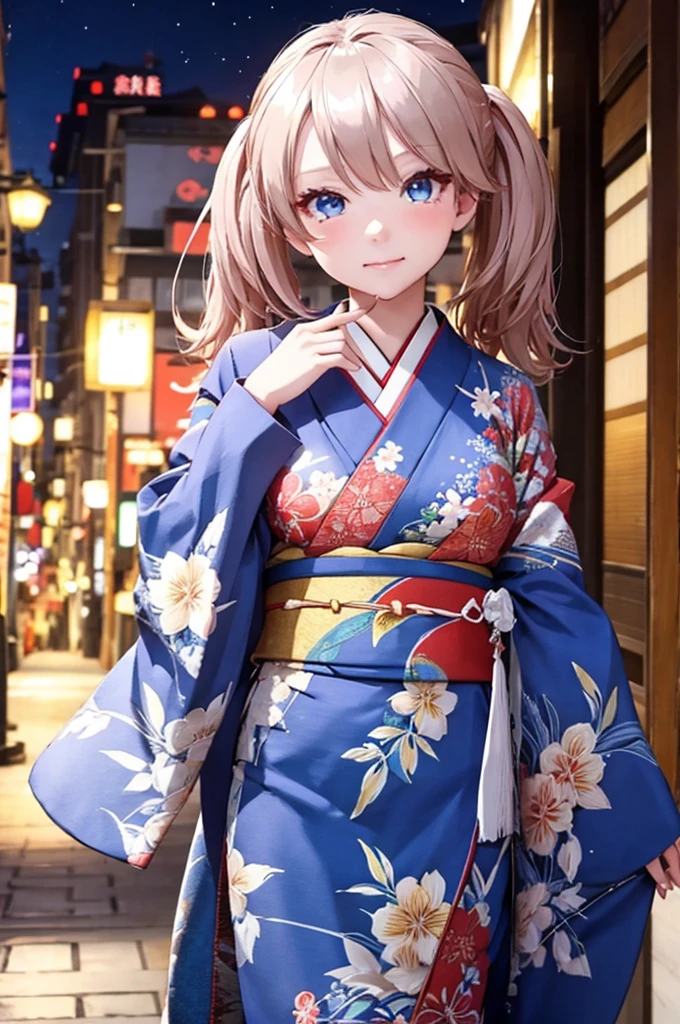 the character wears a traditional kimono, 1girl, solo, night, long hair, blue eyes, looking at viewer, japanese clothes, (white mask)