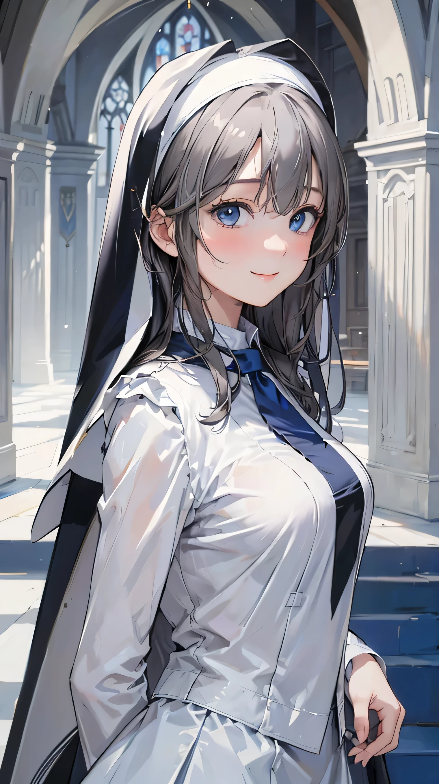 8k resolution,((Best Quality)),Ultra-high resolution,Adult women, Alone, sexy, (A kind smile), (Blue eyes), A beautiful, symmetrical face, (Gray neat long hair),Elegant nun clothing,Long skirt,White nun hood,Realistic:1.4,Realistic:1.4,(masterpiece:1.2),Perfect Eyes,Perfect Eyes,church