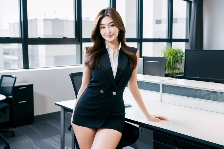 High-quality 4K, Full body image, Very thin thighs, Straight and perfect legs, One woman, Sensual features, Well-proportioned face, Beauty, A Japanese woman is standing in an office miniskirt and high heels, Well-formed fingers, Anatomically correct fingers