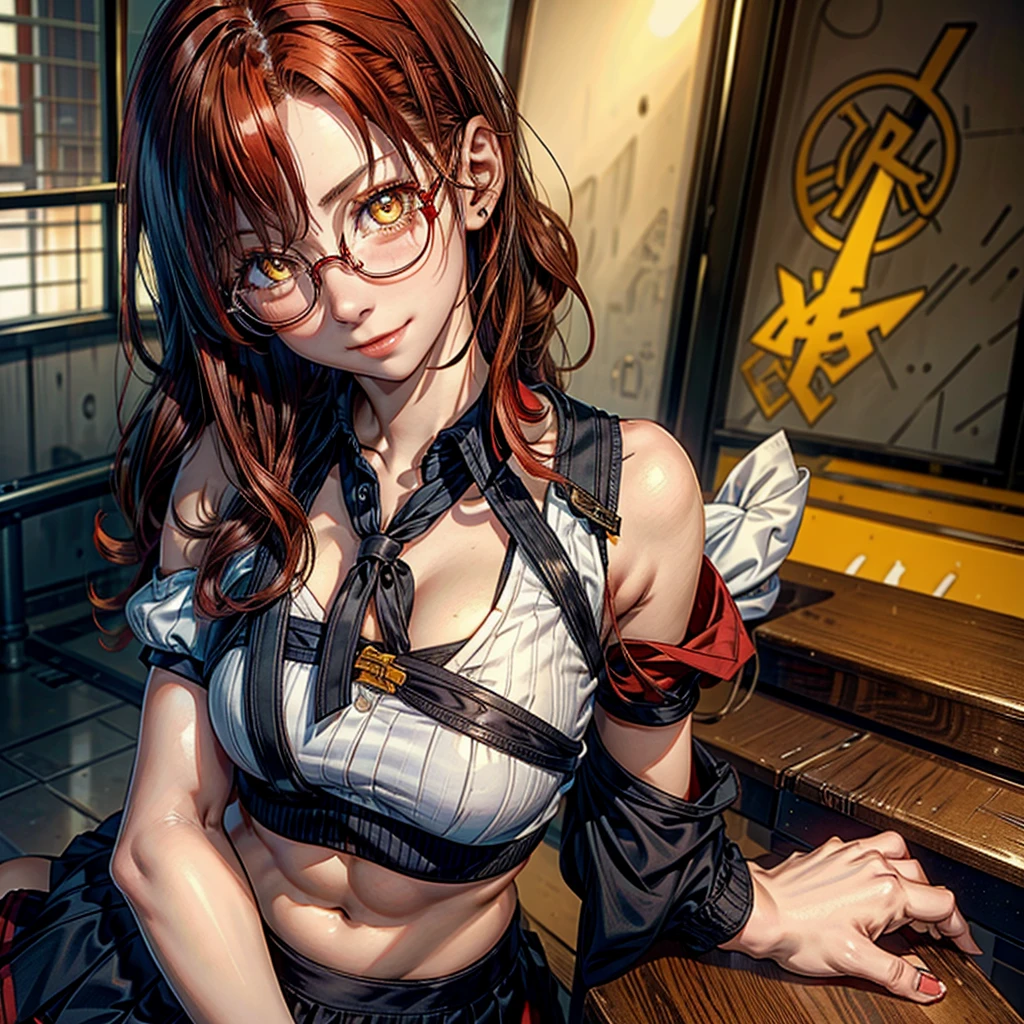 (nsfw, hentai, porn, functionally nude, functionally naked, visible pussy, visible nipples:2.0), May, arknights, may_(arknights), may_\(arknights\), (question mark, hypnotized, hypno, confused, confusion:2.0), Expressiveh, A gray vest over a white shirt, Teal-colored booty shorts with white edges, A yellow-brown belt with pouches and pockets, A golden tan jacket tied around their waist, Teal-colored gloves, A pink-colored pistol, Two braided pigtails, secured with red hair ties, and falling to the front, over their shoulders, Long bangs framing their face, Additional hair strands going in different directions, A small ponytail sticking up at the top, tied with a red hair tie, A penguin hat or headpiece, Red glasses, giving off a nerdy and playful vibe