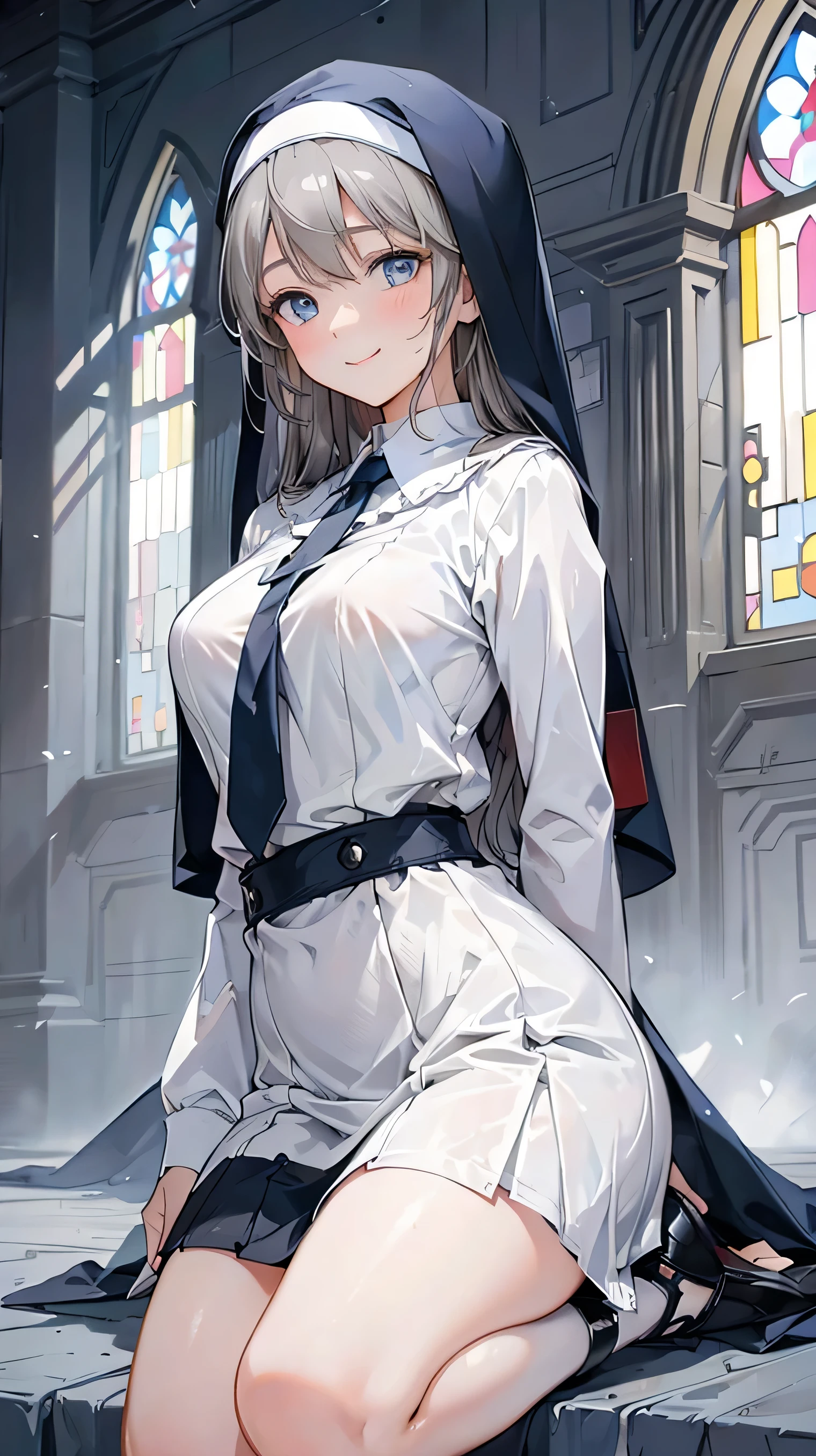 8k resolution,((Best Quality)),Ultra-high resolution,Adult women, Alone, sexy, (A kind smile), (Blue eyes), A beautiful, symmetrical face, (Gray neat long hair),Elegant nun clothing,Long skirt,White nun hood,Realistic:1.4,Realistic:1.4,(masterpiece:1.2),Perfect Eyes,Perfect Eyes,church,Perfect thighs covered in a skirt,Modest heel