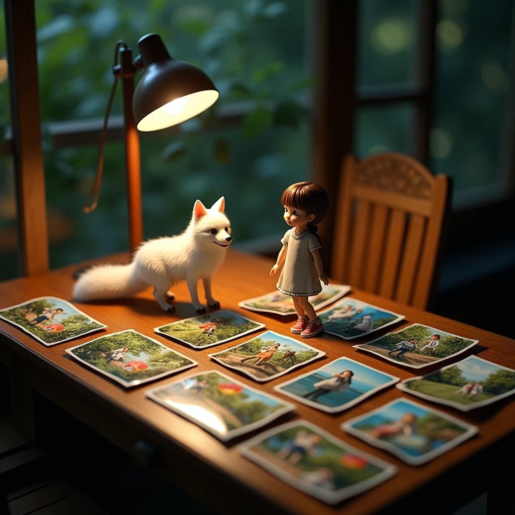 There is a beautiful figurine of a white wolf on the table,The Table on Which the Lamp Stands and Shines in the Photograph,Miniature Photos, Lying on the Table Very Many Different Photos Cardboard, Shown in Photo, White Fox and Girl Walking in a Beautiful Park, All photos are glossy, very colorful and clearly visible images on them all very detailed, beautiful colors, maximum details, A game of shadows, masterpiece, realistically, Epic Movie Scene, real, 