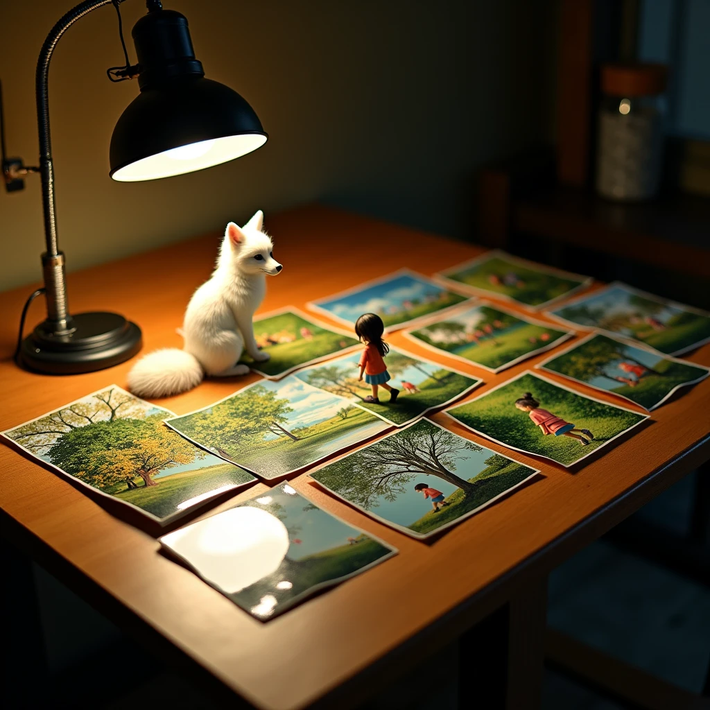 There is a beautiful figurine of a white wolf on the table,The Table on Which the Lamp Stands and Shines in the Photograph,Miniature Photos, Lying on the Table Very Many Different Photos Cardboard, Shown in Photo, White Fox and Girl Walking in a Beautiful Park, All photos are glossy, very colorful and clearly visible images on them all very detailed, beautiful colors, maximum details, A game of shadows, masterpiece, realistically, Epic Movie Scene, real, 